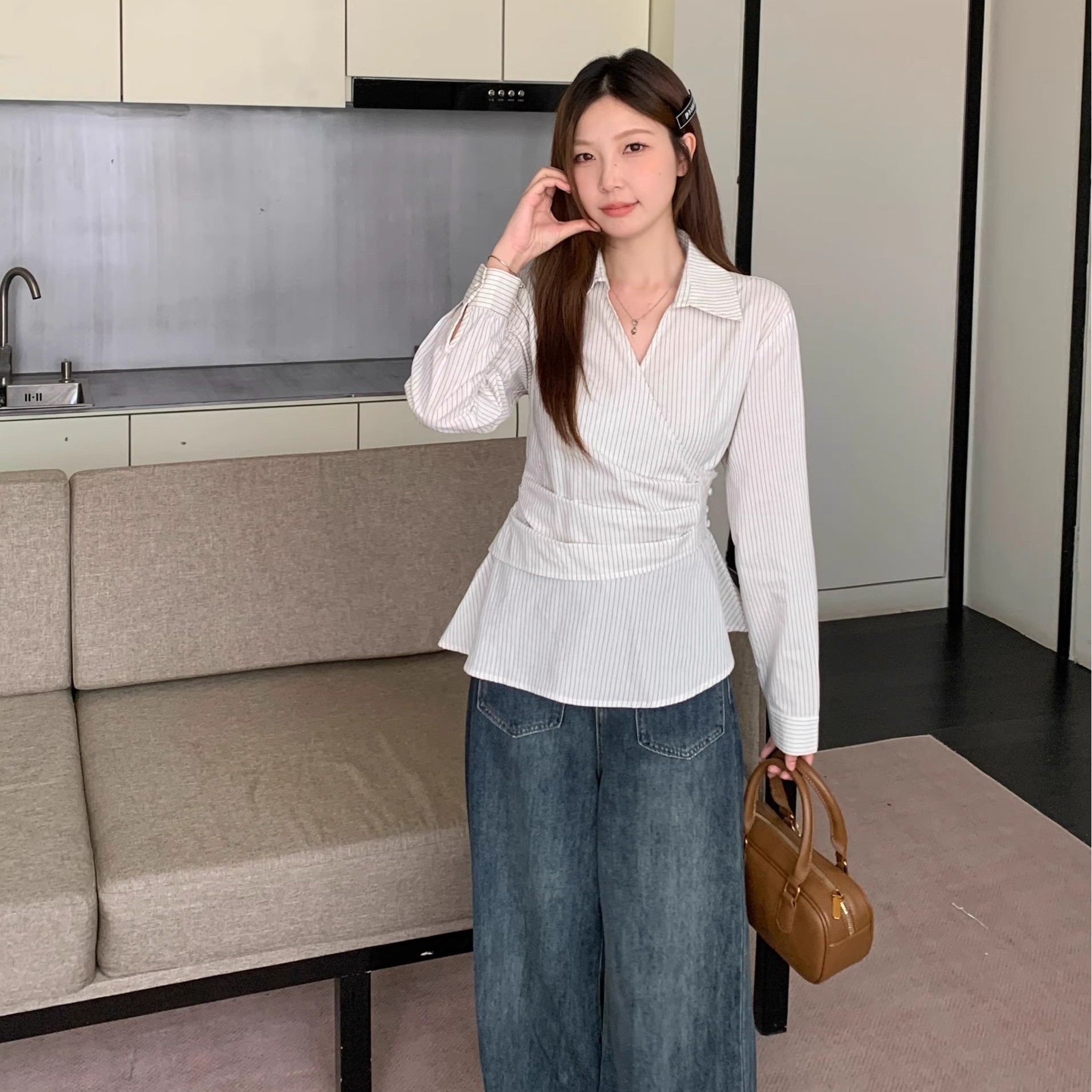 大码微胖法式长袖衬衫女装2025新款秋季胖MM遮肉显瘦衬衣条纹上衣