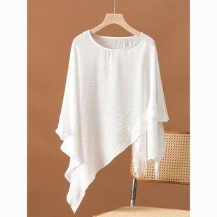 T恤衫 设计感纯色不规则上衣胖mm圆领百搭藏肉显瘦蝙蝠袖 女装 大码