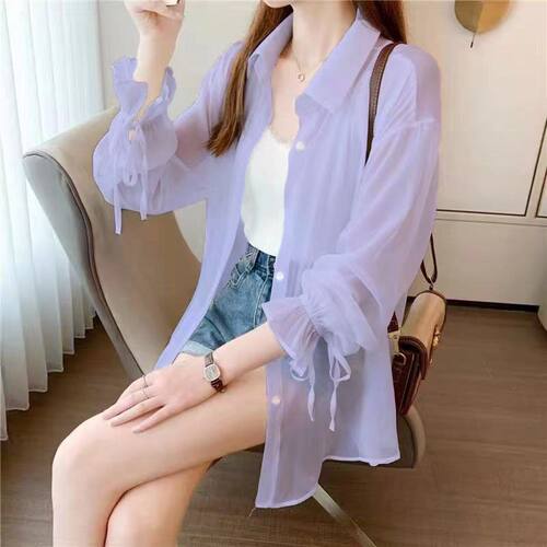 2026夏季新款雪纺防晒衬衫女薄款外搭开衫蝴蝶结长袖防晒衣