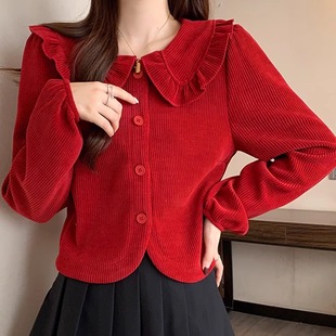 大红色娃娃领毛衣女春秋短款内搭针织开衫本命龙年灯芯绒新年上衣