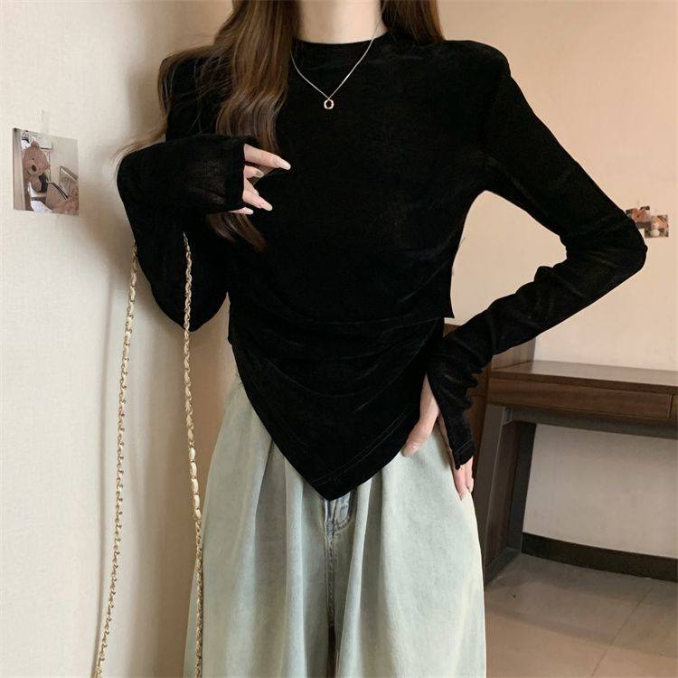 法式金丝绒半高领打底衫女秋冬穿搭内搭高级感不规则修身加绒上衣,女装/女士精品,T恤,淘宝优惠券,粉丝福利购,淘宝优惠卷