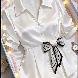 2026夏季新款女士白色衬衫设计感蝴蝶结泡泡五分袖t恤超好看上衣