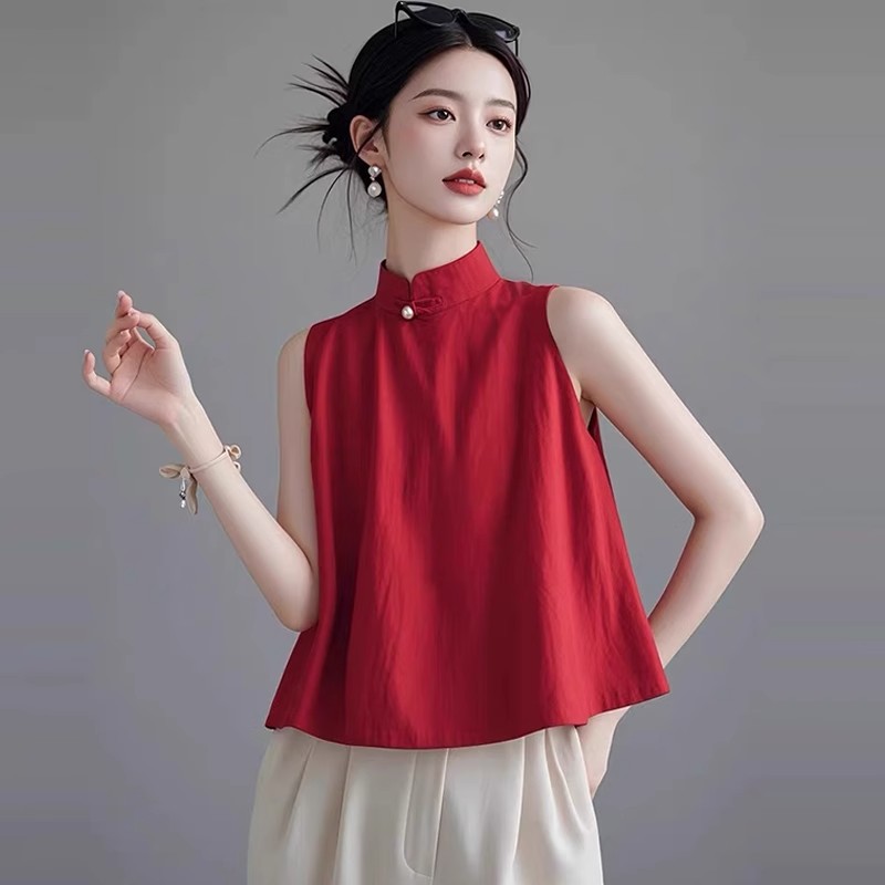 新中式坎肩无袖上衣高级感女装衬衫夏季新款红色背心外穿国风小衫