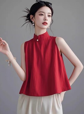 新中式坎肩无袖上衣高级感女装衬衫夏季新款红色背心外穿国风小衫