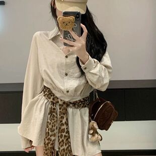 美拉德废土风豹纹丝巾腰带衬衫女秋装单排扣翻领宽松显瘦叠穿上衣