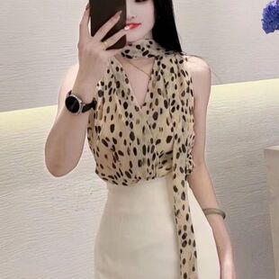 气质女士上衣高级感轻奢减龄时尚独特绝美黄色V领无袖豹纹衬衫夏