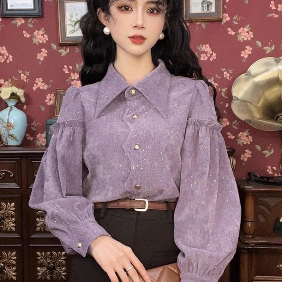 港风复古香芋紫漂亮衬衫女秋冬季新款长袖上衣小个子时尚气质搭配