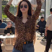 叠穿宽松设计感复古时尚 美式 气质上衣 女夏季 薄款 豹纹长袖 防晒衬衫