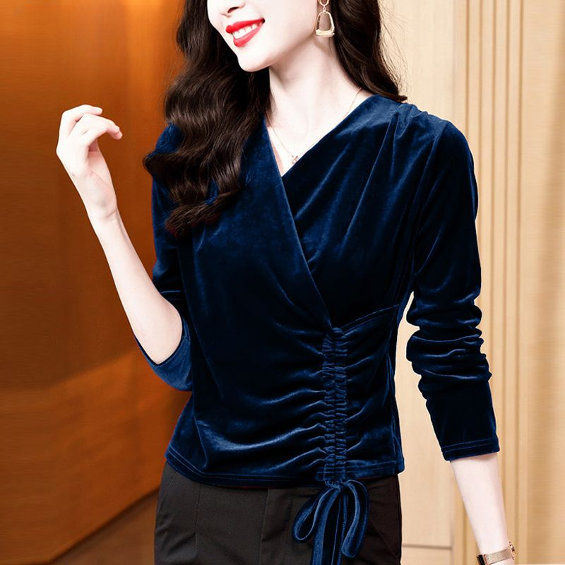 高贵洋气小衫高级感丝绒T恤女上衣2025春秋新款V领蕾丝打底衫内搭