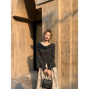 套头针织衫 RomanLand 少女灰色开叉显瘦百搭长袖 女 穿玫瑰