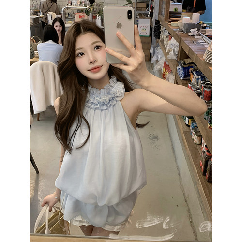 Le 19 RomanLand Baby蓝木耳蕾丝边领口天丝背心女千金感显瘦上衣