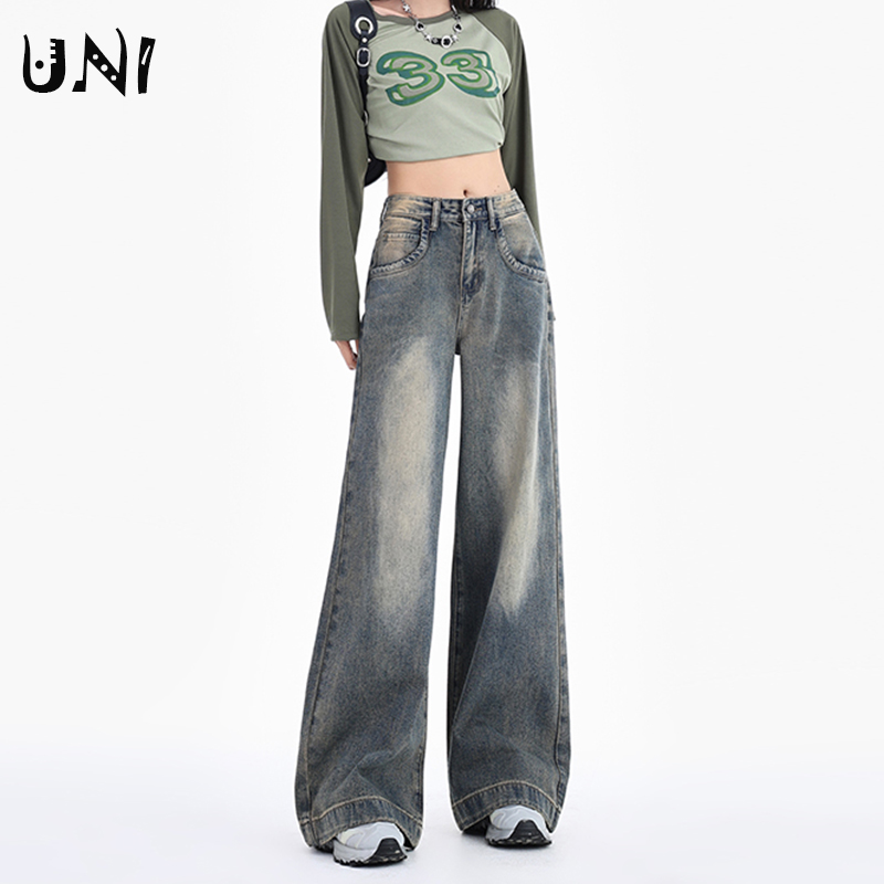 复古蓝做旧宽松阔腿牛仔裤