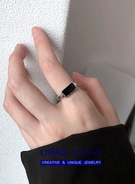 LIHAO做旧黑色方形几何戒指女ins潮时尚个性小众冷淡风复古暗黑系
