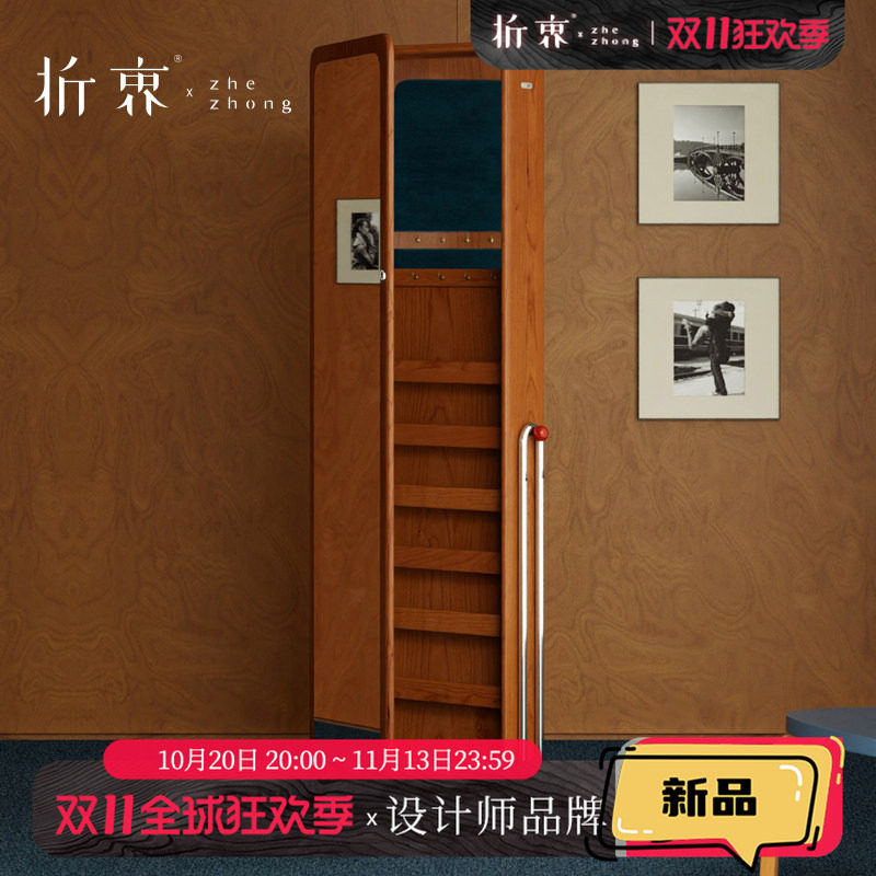 中古风首饰柜全身镜收纳柜一体可移动化妆柜小户型实木落地多功能