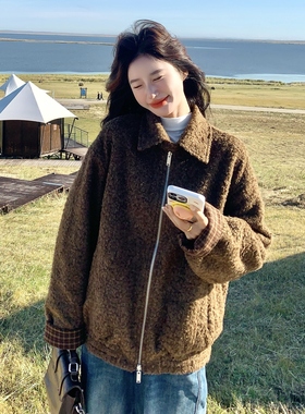 格子两面穿女外套秋冬新款宽松长袖保暖时尚咖色毛绒加厚夹克外套