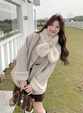 燕麦色高级感牛角扣毛呢外套女冬韩系气质呢子大衣 毛呢冬装女
