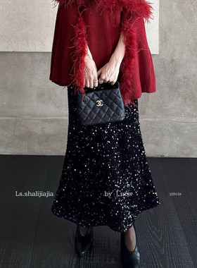 LS 优雅气质亮片纯色鱼尾半身裙 广州十三行25秋冬新品女装22915#