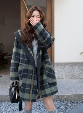 现货 主推款冬绿格双面羊毛呢大衣正反两穿 秋冬毛呢外套女