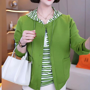 长袖 宽松薄款 百搭女士外套 假两件连帽纯棉卫衣2026年春季 洋气女装