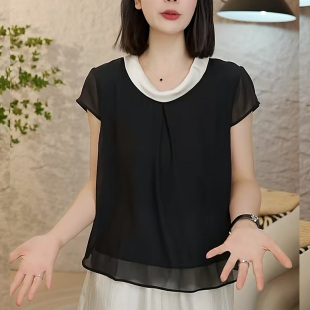 韩系撞色短袖T恤女2026新款夏季薄款雪纺t恤小衫独特绝美小上衣女
