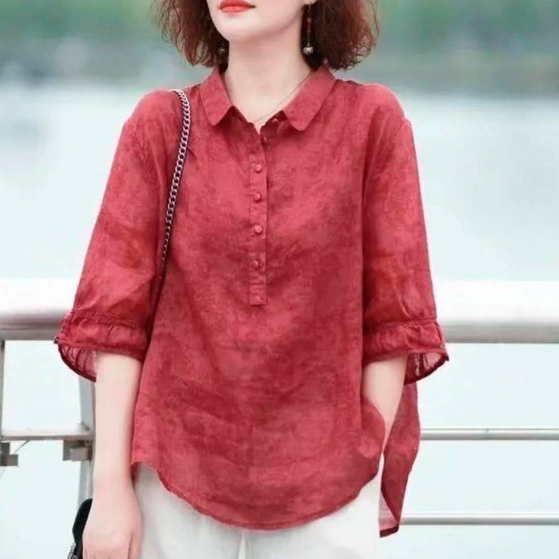 妈妈夏装天丝苎麻T恤洋气上衣2024新款套装中年女装中袖棉麻衬衫