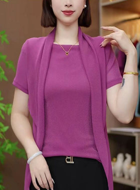 夏季新款披肩拼接显瘦妈妈T恤