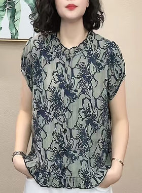 夏季天丝棉麻妈妈短袖遮肚衬衫