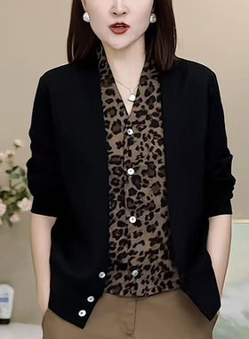秋季纯棉豹纹假两件V领女士衬衫