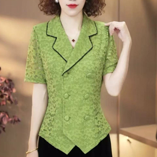 气质轻奢风蕾丝西装领短袖衬衫女减龄妈妈装显瘦洋气百搭开衫上衣