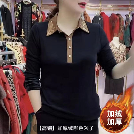时尚妈妈装秋冬季加绒长袖衬衫中年女装宽松休闲百搭保暖大码上衣