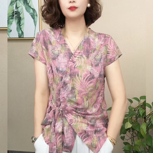 印花上衣中年女洋气显瘦遮肚天丝棉麻t恤 气质妈妈装 夏季 新品 短袖