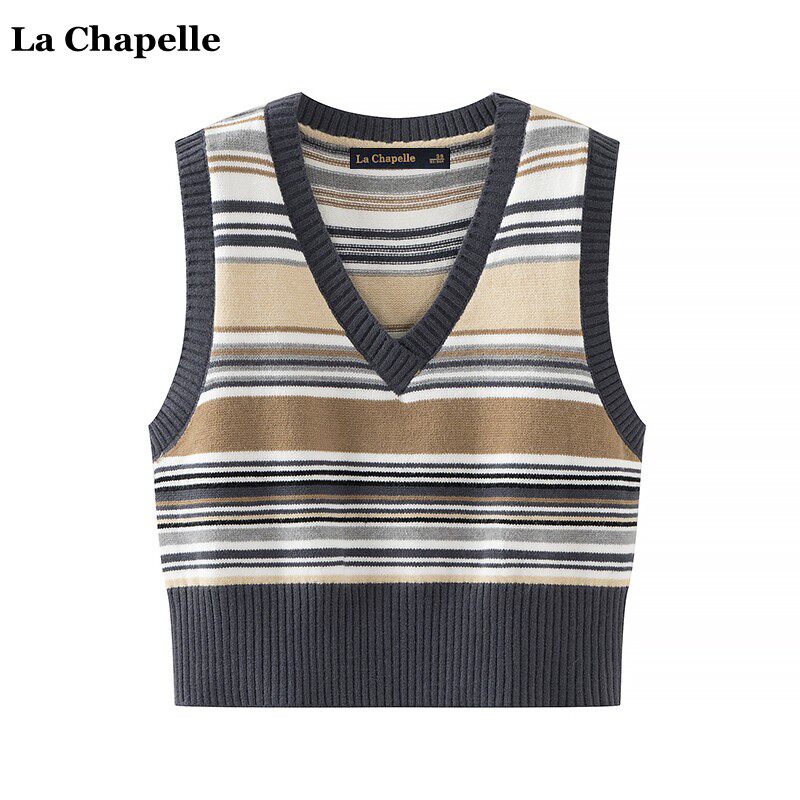 拉夏贝尔/La Chapelle秋季复古条纹V领无袖针织衫背心女叠穿马甲高性价比高么？