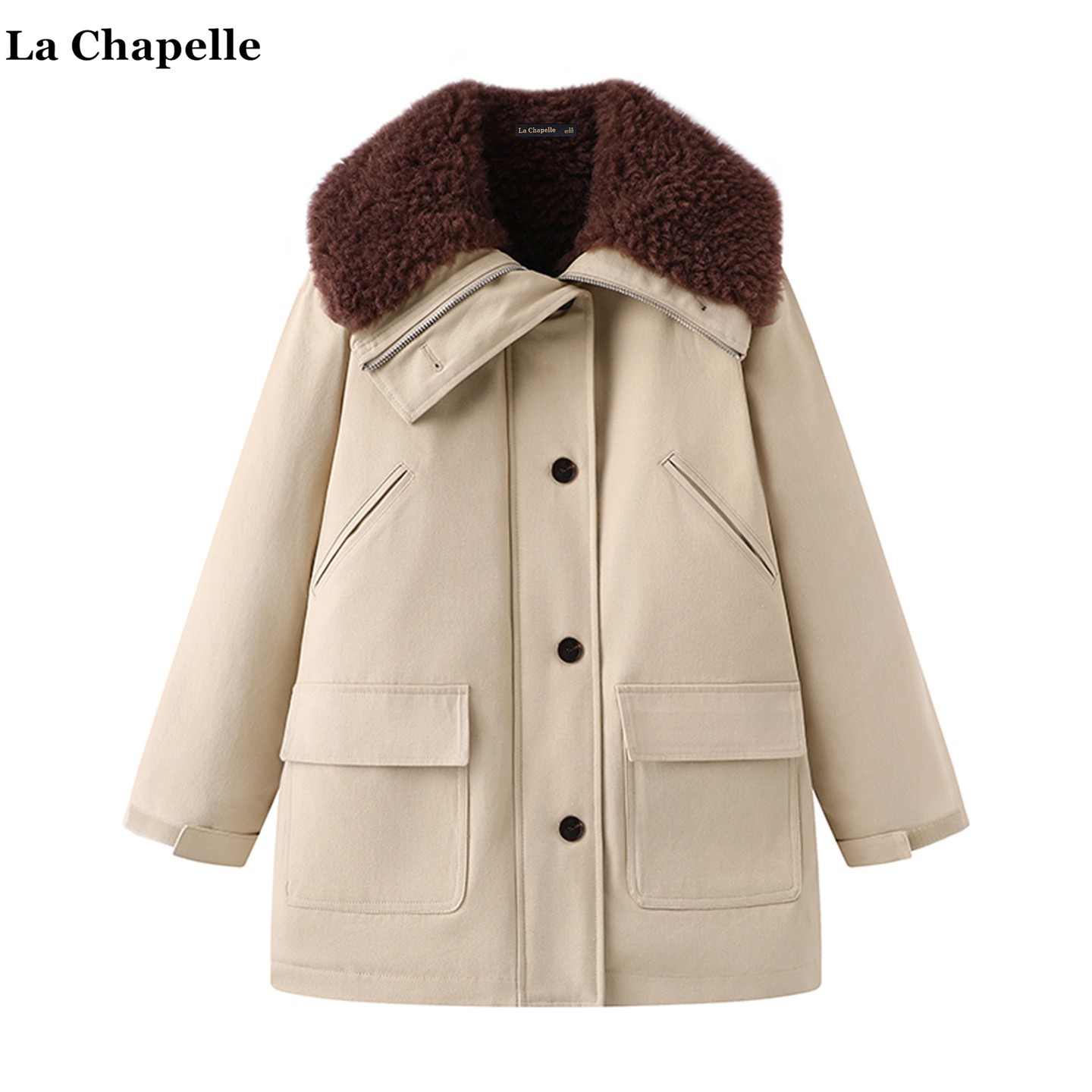 拉夏贝尔/La Chapelle冬季新款羊羔毛保暖外套女小个子工装派克服