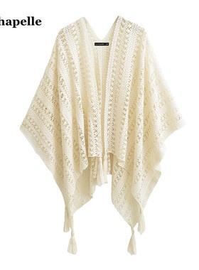 拉夏贝尔/La Chapelle民族度假风针织流苏开衫2026年新款外搭披肩