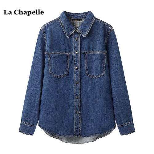 拉夏贝尔/La Chapelle深蓝色牛仔衬衫女春季新款法式叠穿长袖衬衣