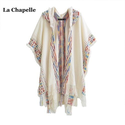 拉夏贝尔/La Chapelle民族风外搭连帽流苏针织披风女旅游斗篷开衫