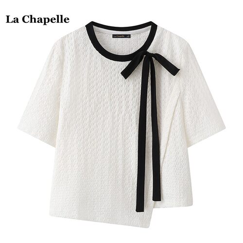 拉夏贝尔/La Chapelle设计感不对称蝴蝶结短袖T恤女宽松白色上衣