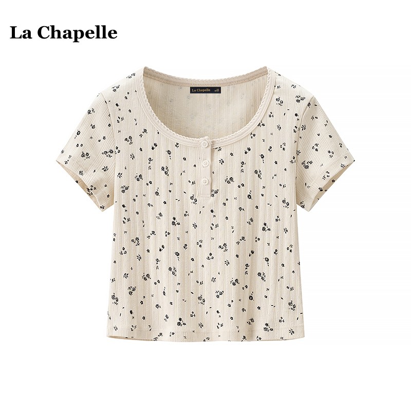 拉夏贝尔/La Chapelle纯欲风碎花短袖T恤女夏季新款辣妹短款上衣