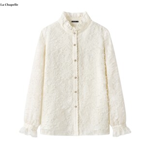拉夏贝尔/La Chapelle木耳花边立领长袖衬衫女秋新款流苏剪花上衣