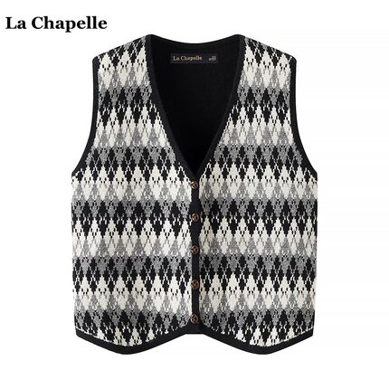 拉夏贝尔/La Chapelle复古提花针织马甲女外搭叠穿V领开衫小背心