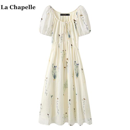 拉夏贝尔/La Chapelle圆领系带短袖连衣裙女夏季复古文艺刺绣裙子