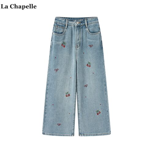 拉夏贝尔/La Chapelle韩系樱桃刺绣阔腿裤女春季新款浅蓝色牛仔裤