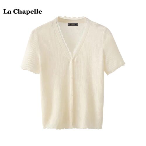 拉夏贝尔/La Chapelle小众v领短袖针织衫女夏季薄款百搭上衣开衫