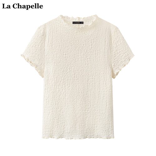 拉夏贝尔/La Chapelle波浪形花边正肩短袖t恤女夏季新款纯色上衣