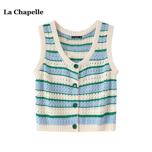 拉夏贝尔/La Chapelle夏季新款小香风条纹针织马甲背心女无袖开衫