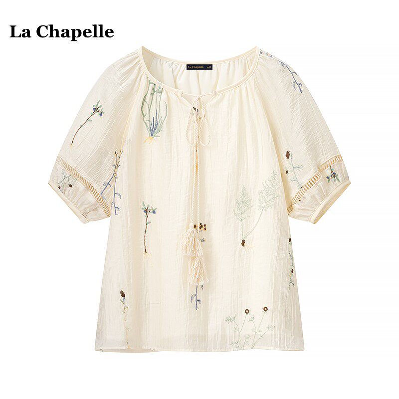 拉夏贝尔/La Chapelle民族风刺绣圆领系带衬衫女夏季百搭短袖上衣