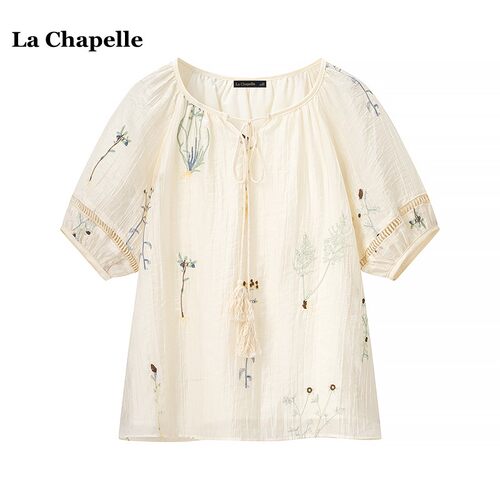 拉夏贝尔/La Chapelle民族风刺绣圆领系带衬衫女夏季百搭短袖上衣