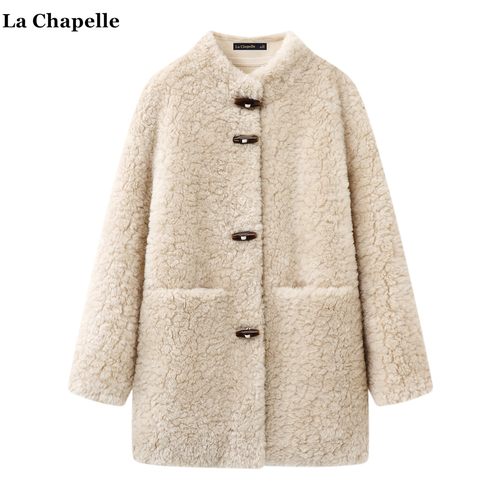拉夏贝尔/La Chapelle韩系牛角扣羊羔毛外套女秋冬新款小个子上衣