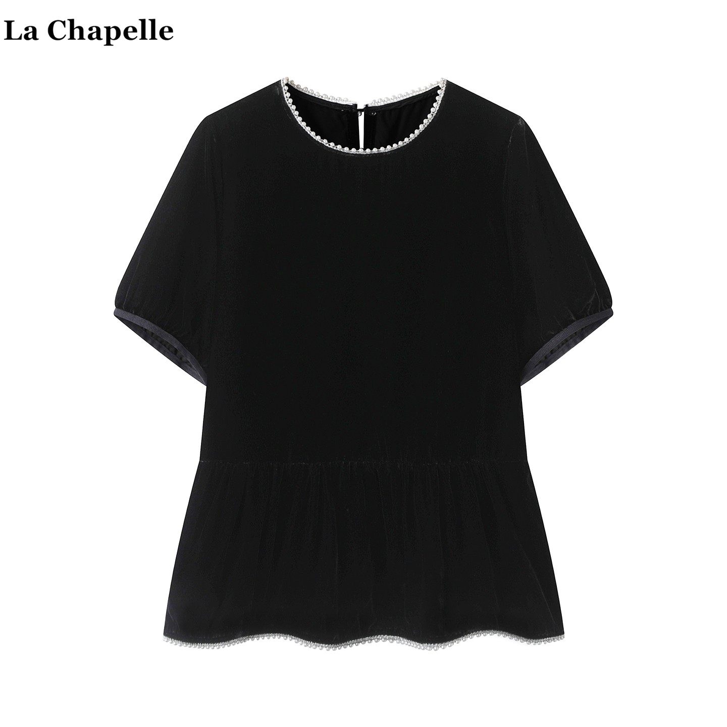 拉夏贝尔/La Chapelle法式小香风钉珠丝绒上衣女赫本风蝴蝶结上衣
