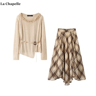 格子半身裙俩件套装 Chapelle波西米亚木耳边针织衫 女 拉夏贝尔